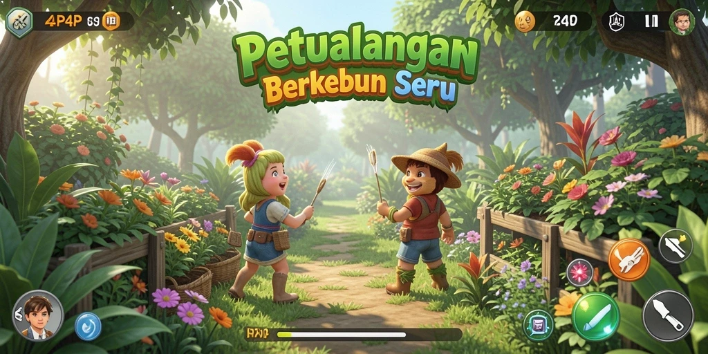 Tampilan gameplay 4P4P yang menampilkan ladang penuh tanaman dan hewan.