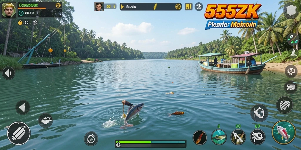 Screenshot gameplay 555ZK menampilkan aksi memancing yang seru.
