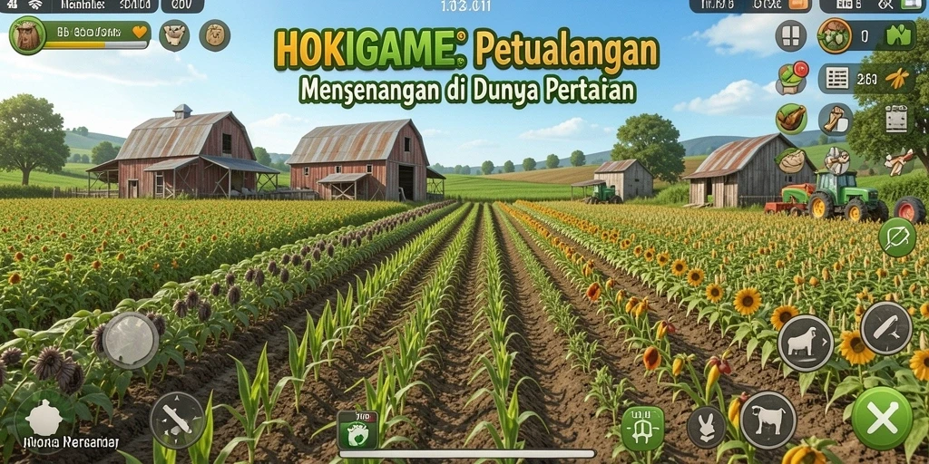 Tangkapan layar HOKIGAME menampilkan pemain sedang menanam dan merawat tanaman di kebun yang indah.