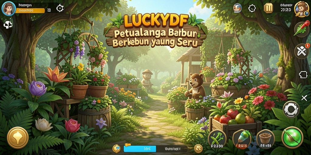 Menampilkan gameplay seru LUCKYDF dengan kebun yang subur dan hewan ternak.