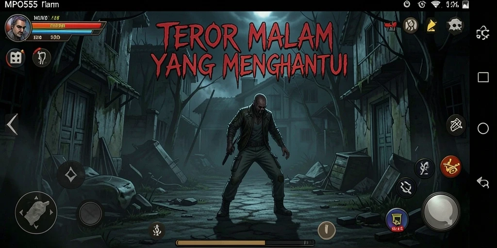 Screenshot MPO555 menampilkan karakter yang melawan makhluk menyeramkan dalam suasana mencekam.