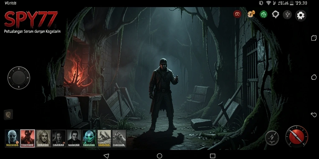 Screenshot gameplay SPY77 menampilkan suasana Horror yang mencekam.